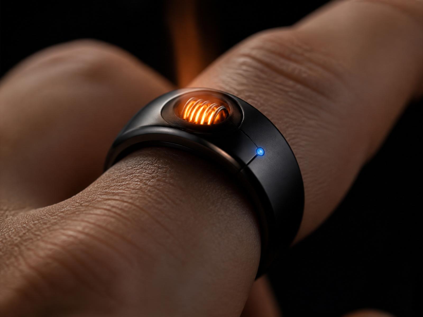 Close-up of the VIGNIS ring on a finger with glowing ignition coil and blue LED indicator